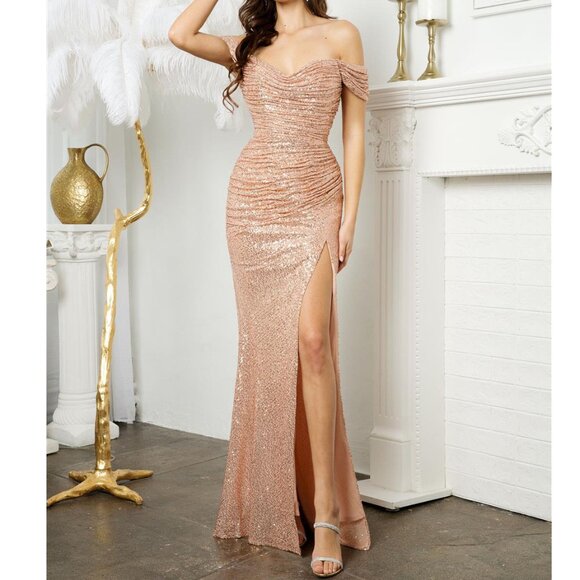 Formal Rose Gold Sequin Off the Shoulder Prom Wedding Homecoming Dress 4 - Picture 1 of 3